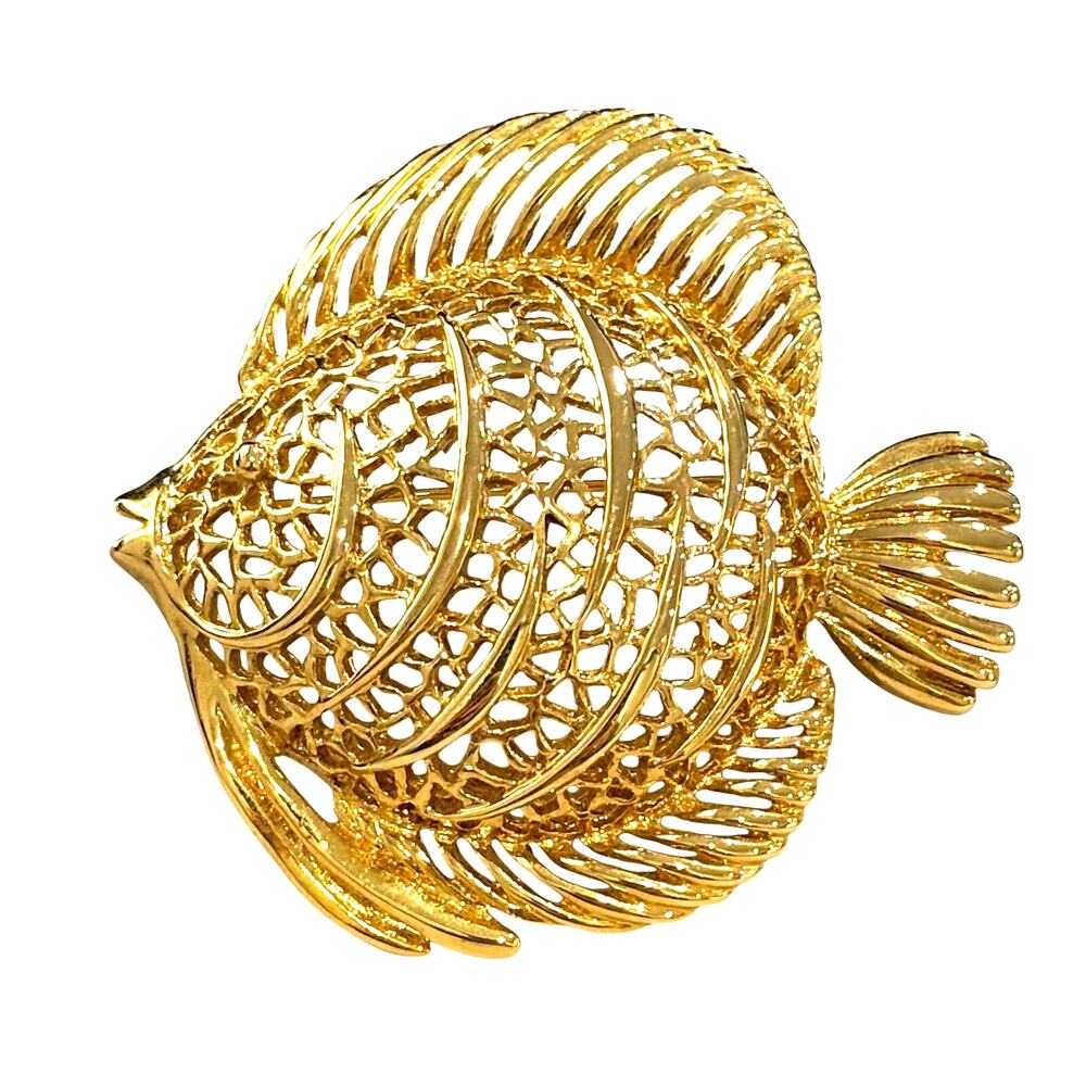 Vintage Y2K brooch gold tone filigree fish motif no hallmarks statement jewelry